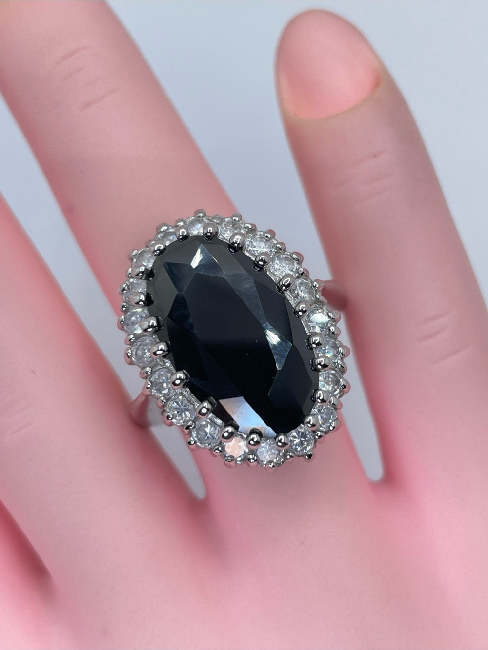 Onyx Black Diamond White Swarovski Crystals Oval Halo Ring Silver Statement Sz 7